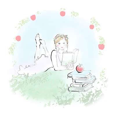 イメージイラスト:草原の上でくつろぎ本を読む女性